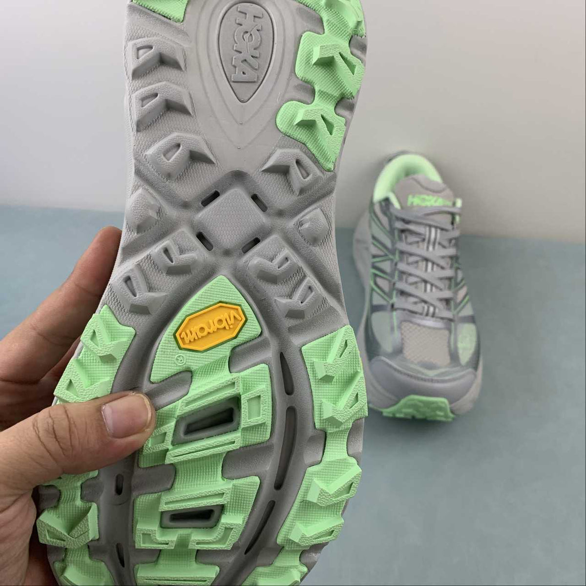 HOKA Gray & Light Green Lace-Up Sneakers