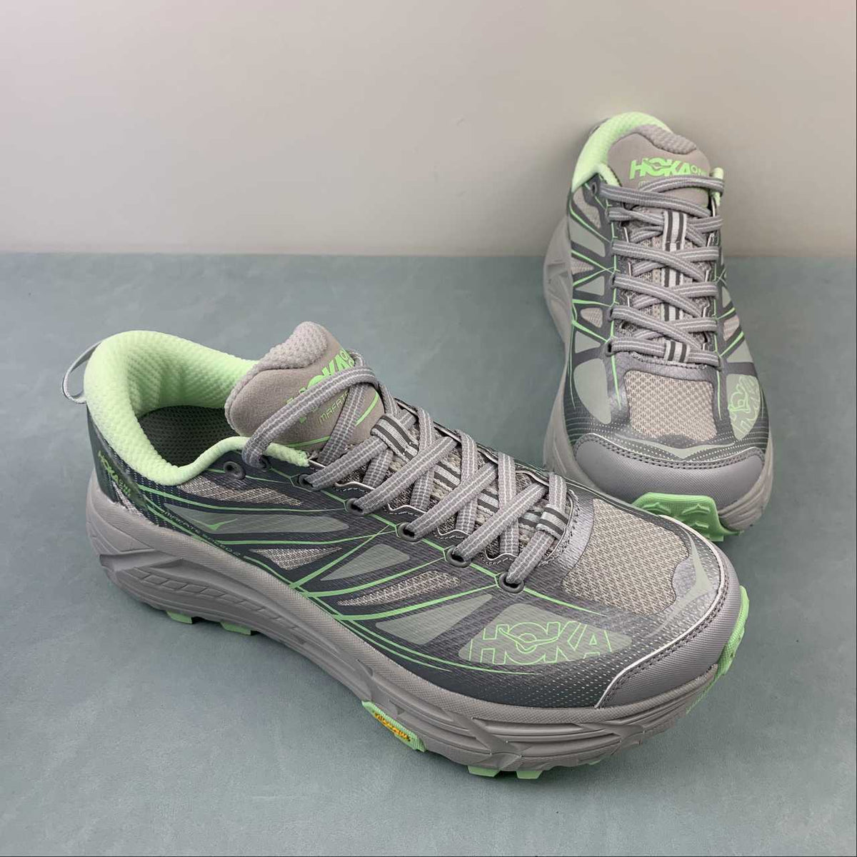 HOKA Gray & Light Green Lace-Up Sneakers