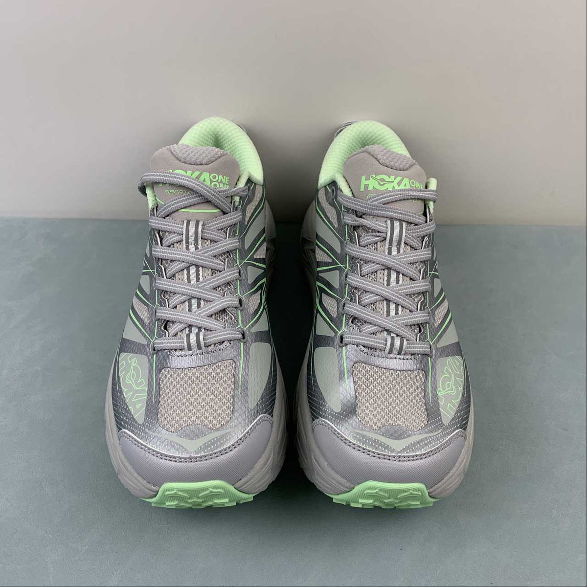 HOKA Gray & Light Green Lace-Up Sneakers
